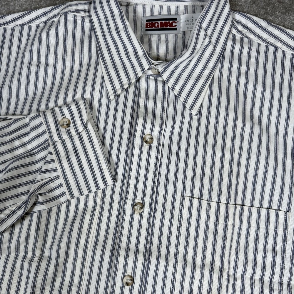 Vintage Big Mac Work Shirt Men's Large Blue Striped Conductor‎ Button Up USA